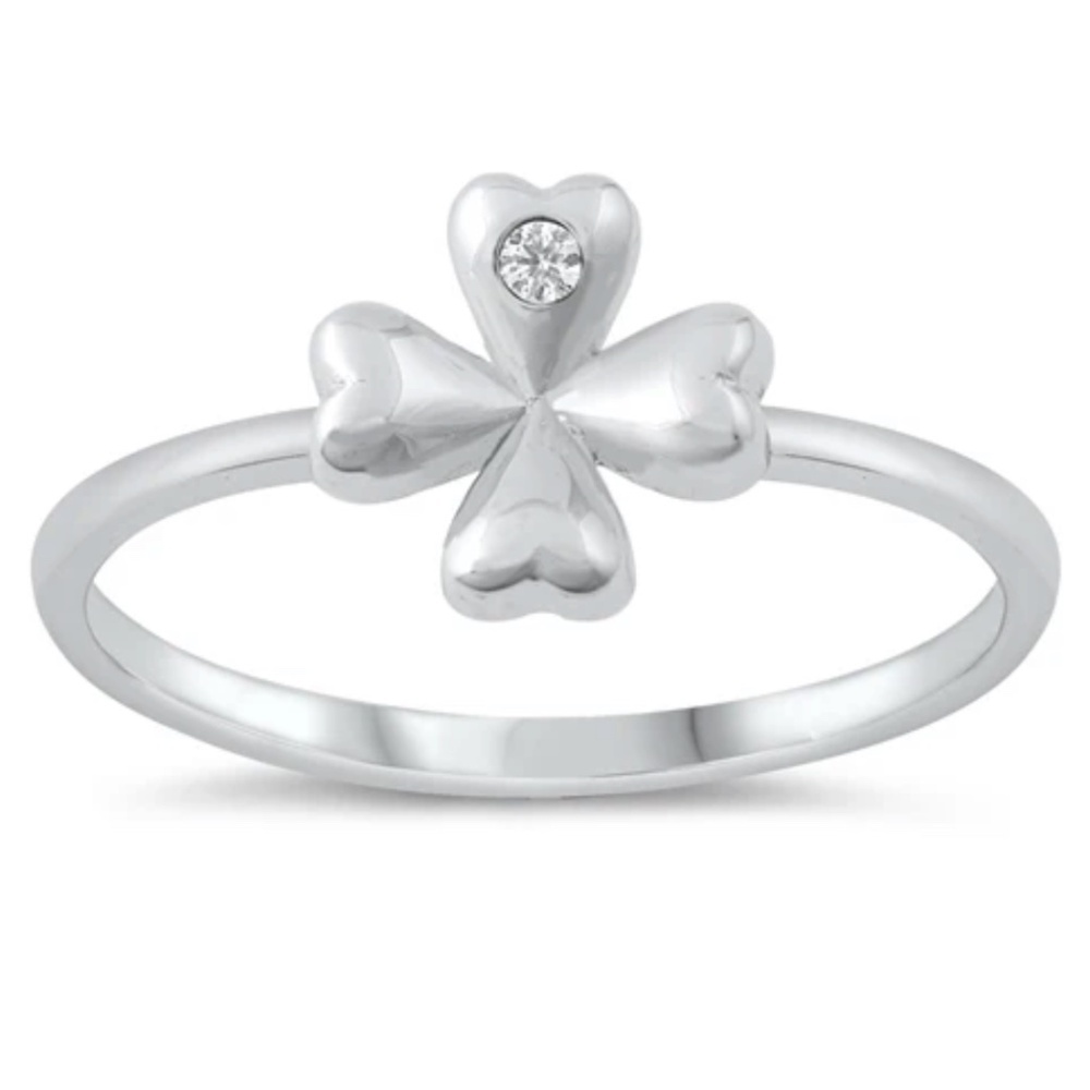 Sterling Silver Four Leaf Clover Ring with Clear CZ – Size 8 – 8 mm Face Height